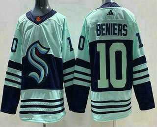 Mens Seattle Kraken #10 Matthew Beniers Light Green 2022 Reverse Retro Authentic Jersey